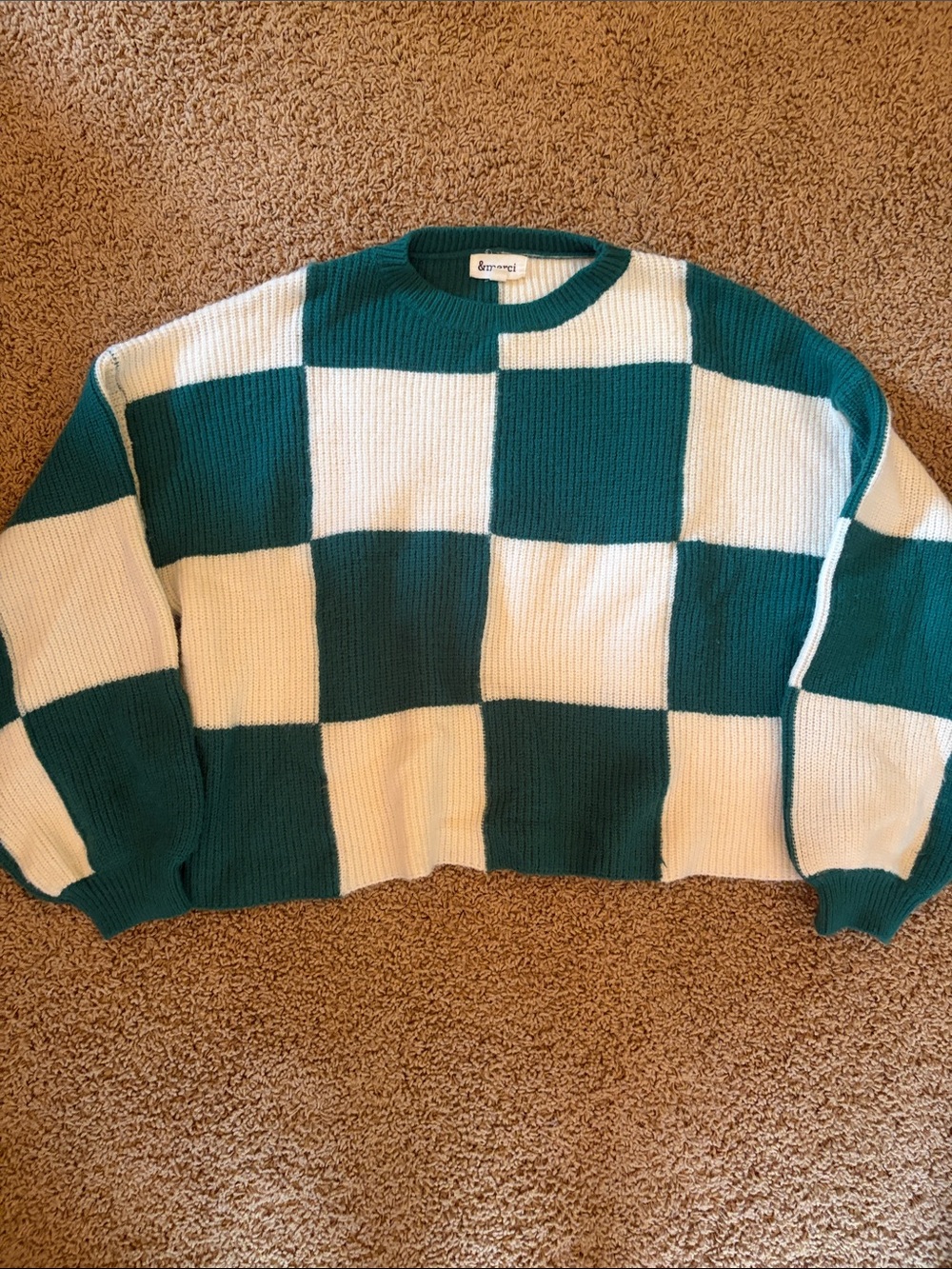 Boutique Green and Cream Checkered Sweater